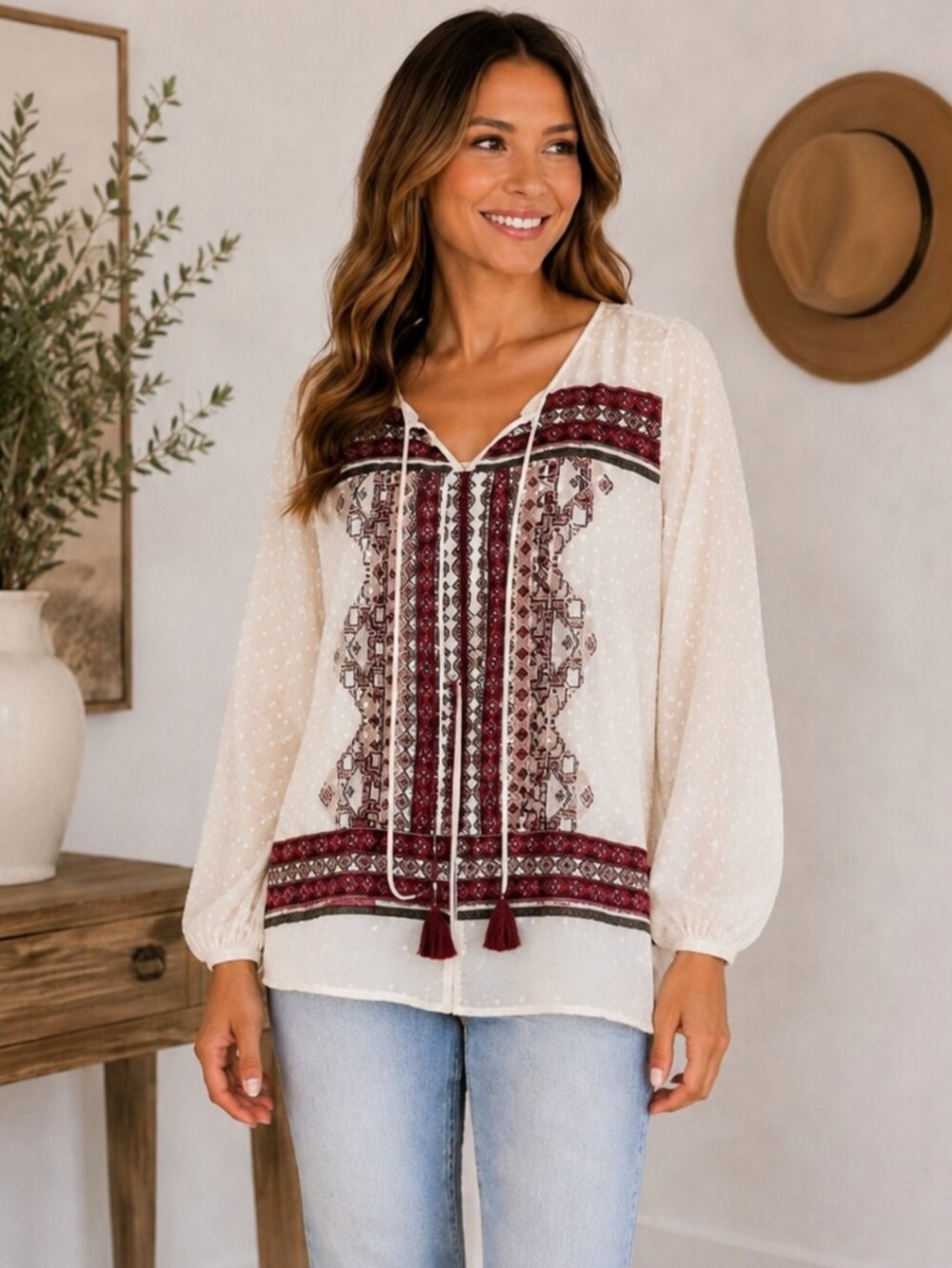 Signature Studio Cream Boho Cottagecore Peasant Blouse with  Burgundy Pattern